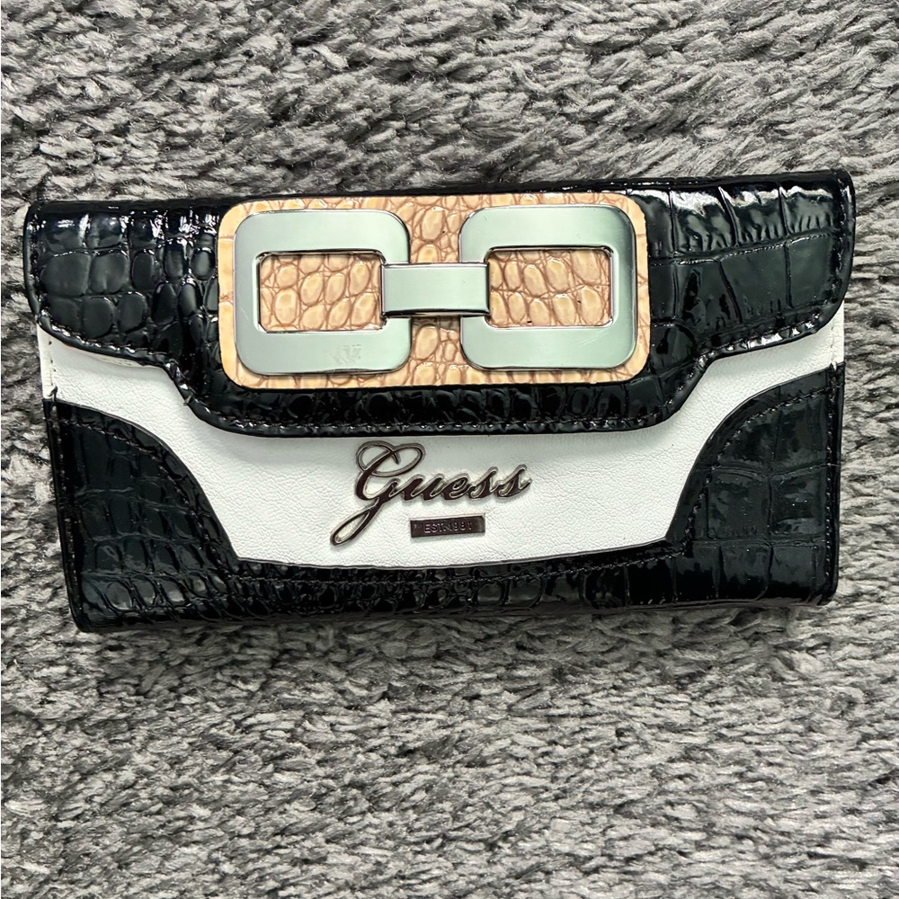 Guess Black and White Croc-Embossed Clutch